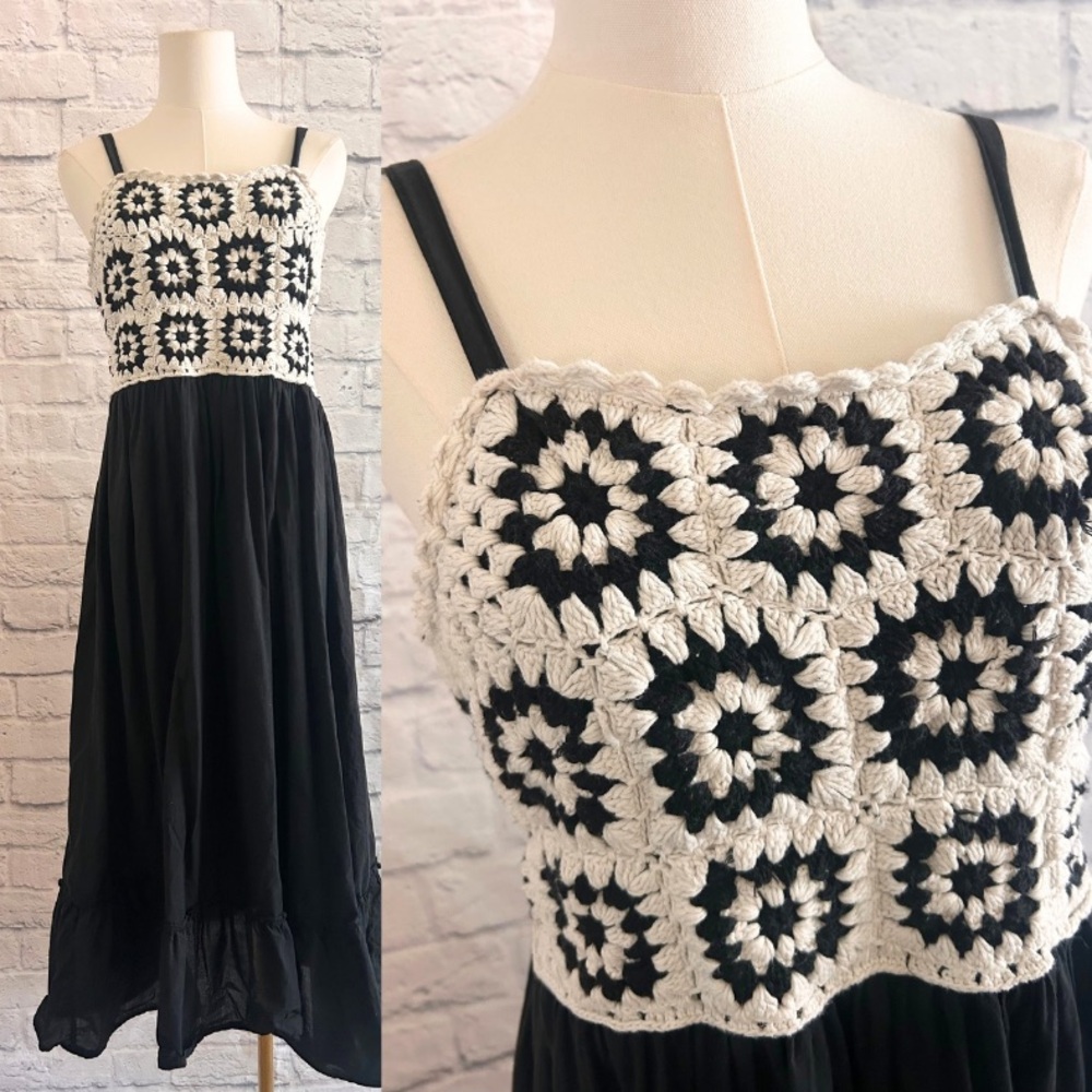 Crochet Maxi Dress Bohemian Boho Black Euro Fall Granny Squares 100% Cotton - Picture 1 of 10